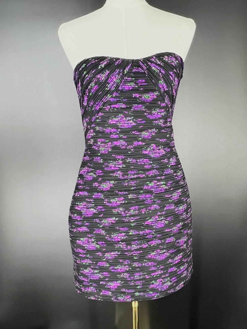 Amur NWT Black and Purple Floral Bandage Mini Dress